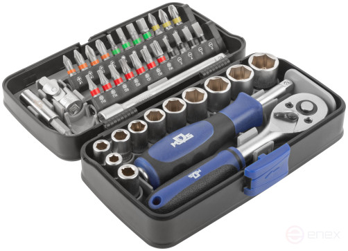 Мини-набор инструмента (биты, головки, вороток, удлинитель), 38 шт., пластиковый кейс