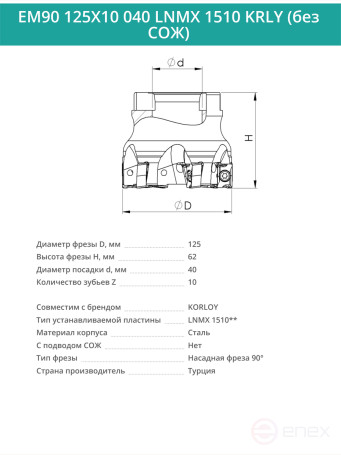 Фреза торцевая насадная 125 мм, посадка 40 мм, 10 зубьев EM90 125X10 040 LNMX 1510 KRLY (без СОЖ) под пластину KORLOY