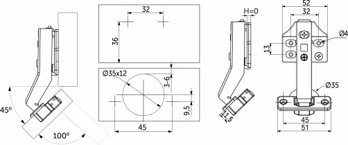 45° angle hinge with door closer 45mm h0 clip-on AKS PLUS 3D (self-tapping screws, plugs)