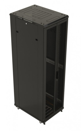 TTB-4286-DD-RAL9004 Floor cabinet 19-inch, 42U, 2055x800x600 mm (HxWxD), front and rear hinged perforated doors (75%), handle with lock, 2 vertical cable organizers, new type roof, color black (RAL 9004) (disassembled)