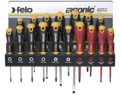 Felo Set of SL/PZ/PH/Tx Ergonic screwdrivers and VDE screwdrivers on a steel rack, 17 pcs 40091743