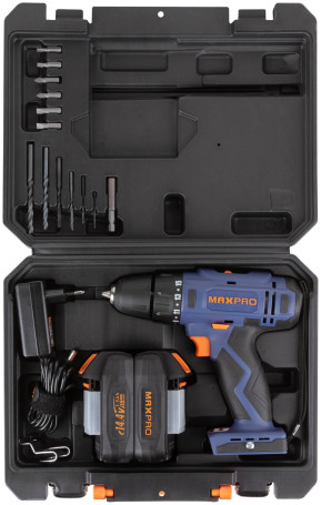 MAX-PRO Cordless Screwdriver 14.4 V; 0-350/0-1250 rpm; 10 mm; 28 Nm; 2 batteries (Li-Ion) x1.5 Ah; 15+1; 1 hour; speed control; rubber