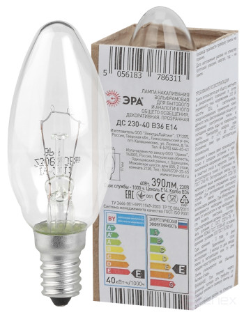 DS 230-40-1 ERA B36 40W E14 / E14 230V Bulb Transparent candle in corrugation
