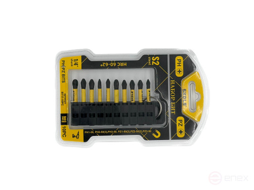 Набор бит Skole 10 предметов, PH1 (1шт), PH2 (3шт), PZ1 (2шт), PZ2 (2шт), PZ3 (1шт) S2 сталь BT17-10PC