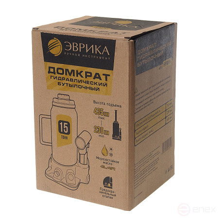 Домкрат гидравлический ER-80151 бутылочный с клапаном 15т, ремкомплект (выс. подъема 230-435мм) ЭВРИКА /1/2