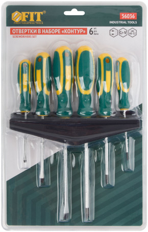 Screwdrivers "Contour", CrV steel, rubberized handles, magnetic tip, on the holder, set of 6 pcs.