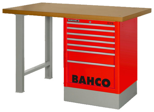 Heavy-duty workbench, MDF table top with 2 legs and 6 orange drawers 1800 mm x 750 mm x 1030 mm