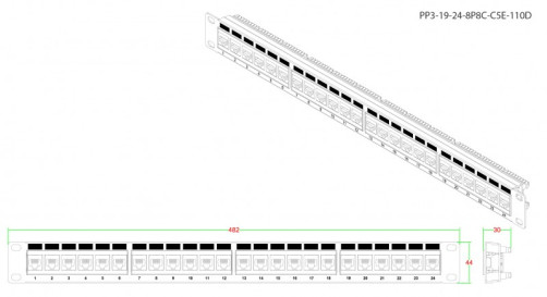 PP3-19-24-8P8C-C5E-110D Патч-панель 19", 1U, 24 порта RJ-45, категория 5e, Dual IDC, ROHS, цвет черный