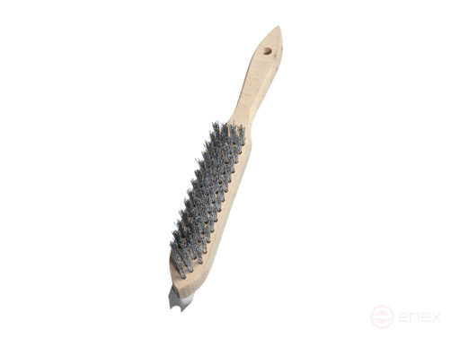 Manual brush with round scraper for cleaning BBQ grill, 4 row, stainless steel wire ROF straight 0.35 mm, pile height 25 mm