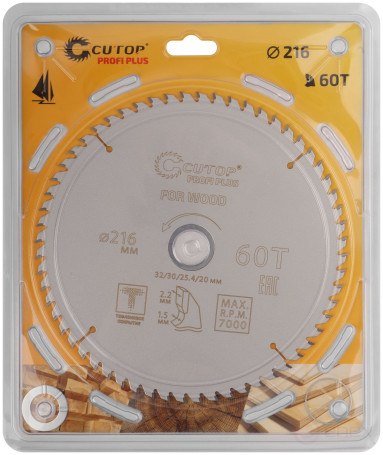 Диск пильный по дереву с тефлоновым покрытием 60Т, CUTOP Profi plus, 216 х 1,5/2,2 х 32/30/25,4/20 мм