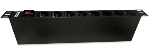 SHT19-8SH-S-IEC Socket block for 19" cabinets, horizontal, 8 Schuko sockets, off with backlight, IEC320 C14 connector 10A, 250V, cable pit. C13-C14 3m (3x1.0mm2) with IEC320 C14 plug in set, 482.6x116.0x44.4mm (WxHxD), aluminum housing, black