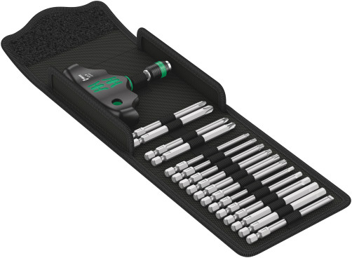 Kraftform Kompakt 400 bit set with T-shaped bit holder handle and Rapidaptor cartridge, 17 items