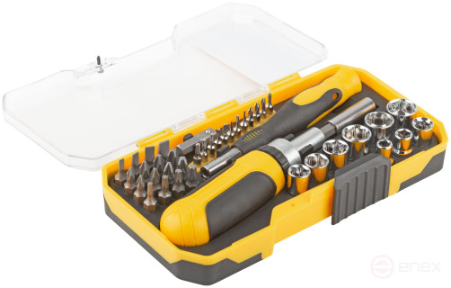 Отвертки реверсивная и для точных работ, набор 41 шт., пластиковый прорезиненный кейс
