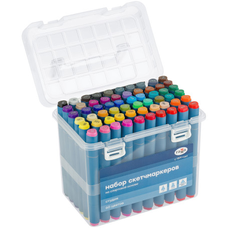 A set of double-sided markers for sketching Gamma "Studio" 60 colors, basic colors, triangular body, bullet-shaped/wedge-shaped. tips, plastic case