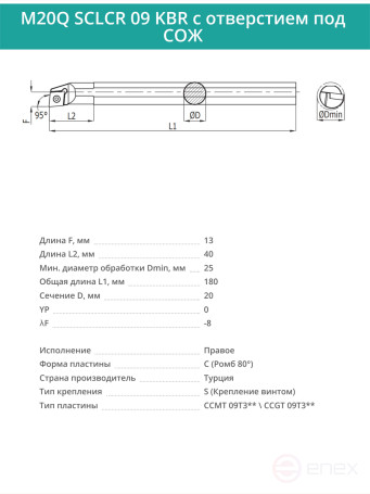 M20Q SCLCR 09 KBR with COOLANT hole internal carbide boring cutter right, 20 mm / CCMT 09T3 plate**