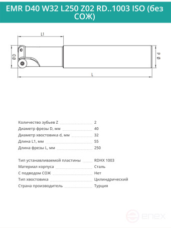 Концевая фреза корпусная 40 мм, 2 зуба, L 250 мм / EMR D40 W32 L250 Z02 RD..1003 ISO (без СОЖ)