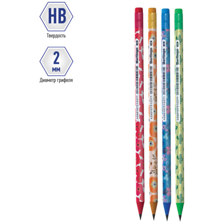 Pencil b/g Berlingo "Flowers" HB, round, sharpened, with eraser, plastic., assorted
