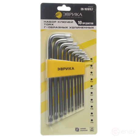 Набор ключей TORX ER-15101LT: Г-образных удлиненных T9-T50 10пр. ЭВРИКА /1/12/60