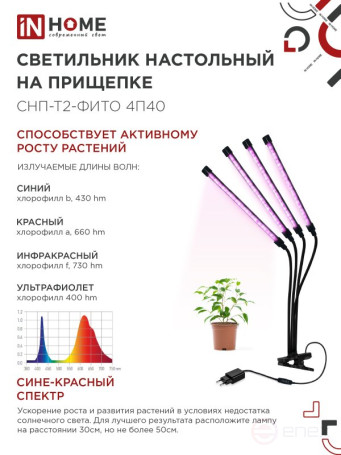 Светильник настольный на прищепке светодиодный СНП-Т2-ФИТО 4П40 красно-синий 40Вт 4 плафона, пульт на шнуре IN HOME