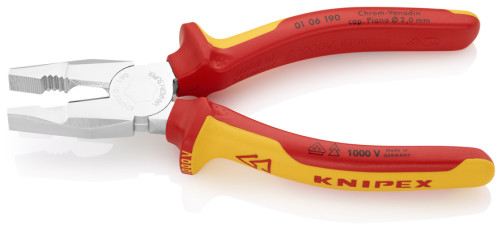 Comb pliers. VDE for heavy. loads, res: failure. solid. Ø 2.5 mm, royal. string Ø 2 mm, cable Ø 13 mm (25 mm2), L-190 mm, chrome, 2-k handles