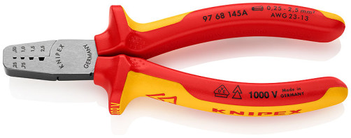 VDE press pliers for crimping contact sleeves, number of sockets: 4, 0.25 - 2.5 mm2 (AWG 23 - 13), L-145 mm, 2-k handles,