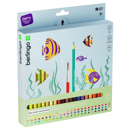 Watercolor pencils Berlingo "SuperSoft. Fish", 72 colors+brush, triangular, sharpened, cardboard, European suspension