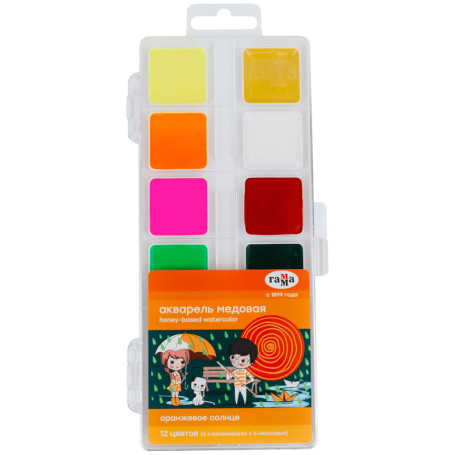Watercolor Gamma "Orange sun", honey, 12 colors (6 colors+ 6 classic), without brush, plastic. package, European weight