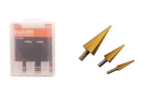 Set of step drills for metal HSS 3 items 4-12mm, 4-20 mm, 4-32 mm.// HARDEN