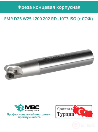 Body end mill 25 mm, 2 teeth, L 200 mm / EMR D25 W25 L200 Z02 RD..10T3 ISO (with COOLANT)
