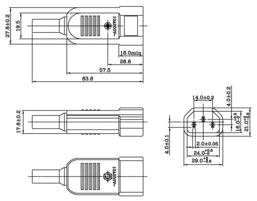 CON-IEC320C14 Разъем IEC 60320 C14 220В 10A на кабель (плоские выступающие штыревые контакты в пластиковом обрамлении), прямой