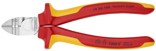 Side cutters-strippers VDE, cut: NYM cable 5x2.5mm2, provol. soft. Ø2.5mm, medium. Ø1.5mm, stripping:1.5+2.5mm2, L-160 mm, 60 HRC, chrome, 1-K handles