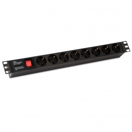 SHE19-8SH-S-IEC Socket block for 19" cabinets, horizontal, 8 Schuko sockets, illuminated switch, without power cable, input connector IEC320 C14 10A, 250V, 482.6x116.0x44.4mm (LxWxH), housing steel, black