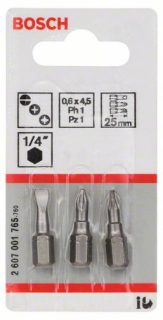 Set of 3 nozzles-bit Extra Hart (mixed) S 0,6x4,5; PH1; PZ1; 25 mm