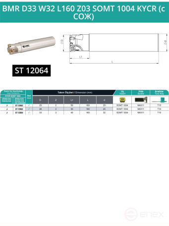 Концевая фреза корпусная 33 мм, 3 зуба, L 160 мм / BMR D33 W32 L160 Z03 SOMT 1004 KYCR (с СОЖ)