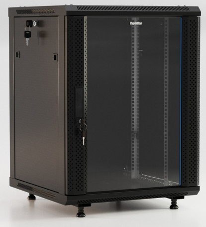 TWB-FC-1566-GP-RAL9004 Wall cabinet 19-inch (19"), 15U, 787x600x600mm, glass door with perforation on the sides, handle with lock, with the possibility of mounting on legs (included), color black (RAL 9004) (disassembled)