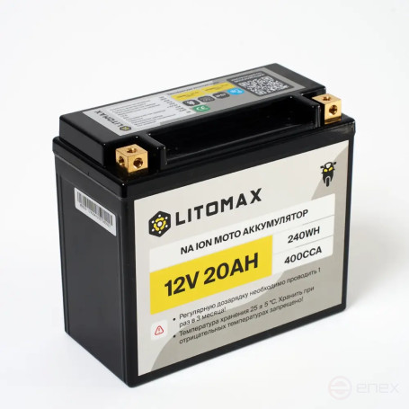 Натриевый стартовый мото аккумулятор ЛИТОМАКС Na+12V 20Ah 240Wh 400CCA YT20 R+ IP67