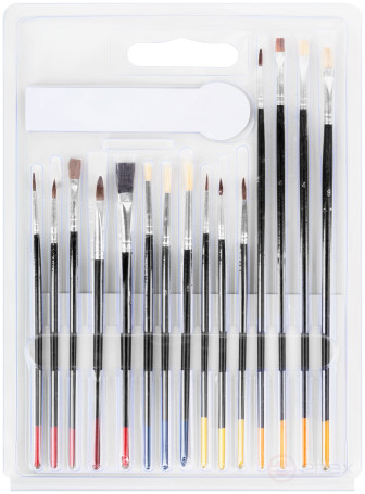 Кисти художественные, натуральная щетина, деревянная ручка, плоские и круглые, набор 15 шт.