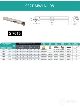 S32T MWLNL 08 internal turning boring tool left, 32 mm / plate WNMG 0804**