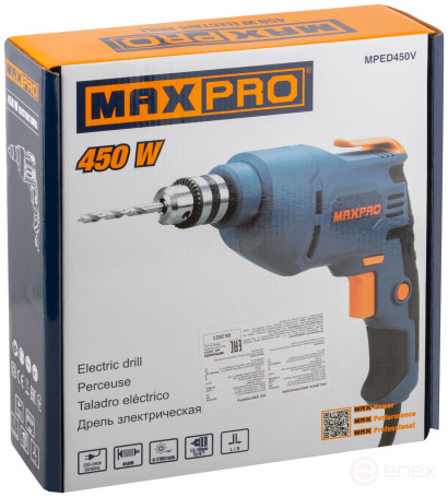 MAX-PRO Дрель электрическая 450 Вт; 0-2700 об/мин; ключевой патрон 0,8-10 мм; 1,2 кг; резиновые вставки; кор.