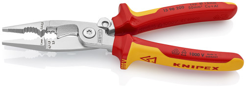 VDE electrical pliers, 6-in-1, stripping: 0.75 - 1.5 + 2.5 mm2, crimp: 0.5 - 2.5 mm2, L-200 mm, cable cutter, lock, chrome, 2-k handles