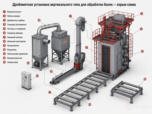Дробеметная установка вертикального типа для обработки балок Вертикальный 0.8х2,2-8МД