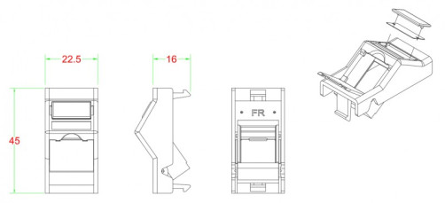 SIP2A-1K-M45-22.5 Вставка угловая 45x22.5 (аналог Mosaic) для 1 модуля формата Keystone Jack, со шторками, ROHS, белая