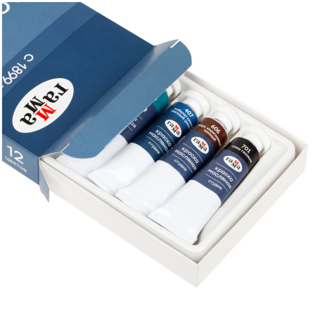 Studio oil paints, 10 colors + 2 white, 9ml tube, cardboard. packaging