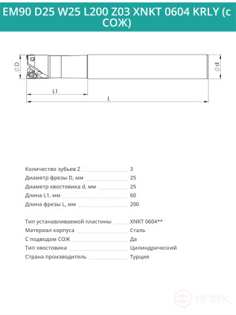 Концевая фреза корпусная 25 мм, 3 зуба, L 200 мм / EM90 D25 W25 L200 Z03 XNKT 0604 KRLY (с СОЖ)
