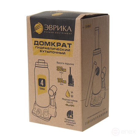Домкрат гидравлический ER-80041 бутылочный с клапаном 4т, ремкомплект (выс. подъема 195-380мм) ЭВРИКА /1/5