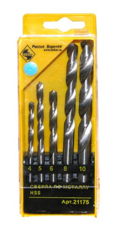 Set of drills for metal HSS F4,5,6,8,10 mm, 5 pieces, plastic case