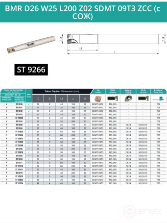 Body end mill 26 mm, 2 teeth, L 200 mm / BMR D26 W25 L200 Z02 SDMT 09T3 ZCC (with COOLANT)