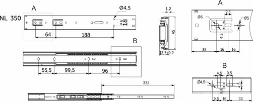 Направляющая шариковая L-350 h=45 AKS PLUS SOFT CLOSE