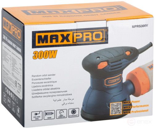 MAX-PRO Шлифмашина эксцентриковая 300 Вт; 5000-12000 об/мин; 125 мм; 1,2 кг; липучка; пылезащищенный выключатель; коробка