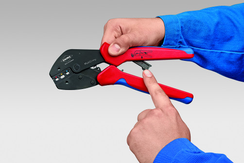 KNIPEX MultiCrimp® press pliers with a magazine for changing dies, 3 replaceable dies, L-250 mm, 2-k handles